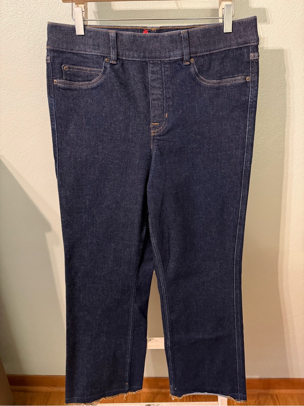 SPANX Dark Blue Straight-Leg Wide Jeans Size XL Raw Hem